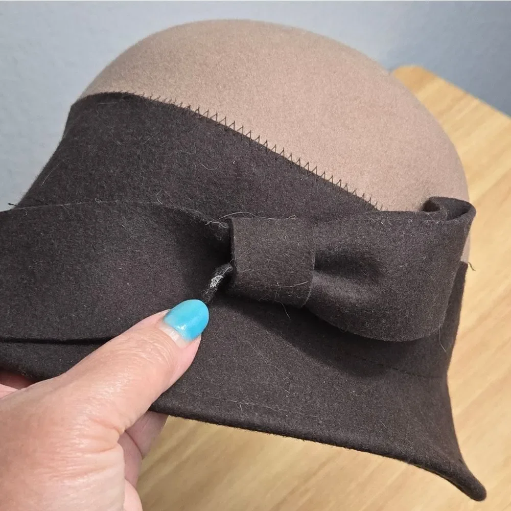 Nordstrom Magid Hat Wool Cloche Two-Tone Brown Wide Brim Flapper 20s Vintage Bow